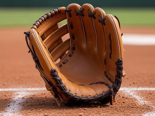 高校野球の内野手用硬式グローブを土のグラウンドに置き、浅いポケットと開いたウェブが見える状態